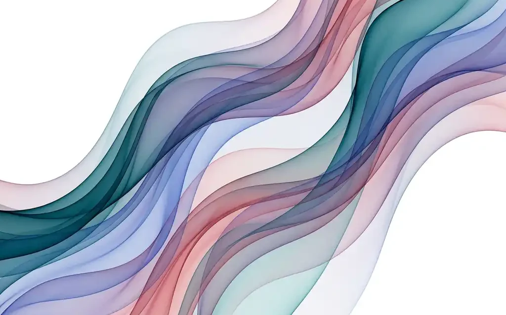 Translucent teal, cobalt, violet, and rose ribbon waves flowing across a white background with layered depth and smooth gradients.