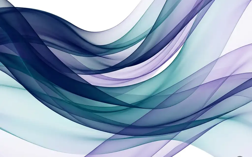 Abstract flowing ribbons in navy blue, teal, and violet with translucent overlapping waves creating luminous depth on a white background.