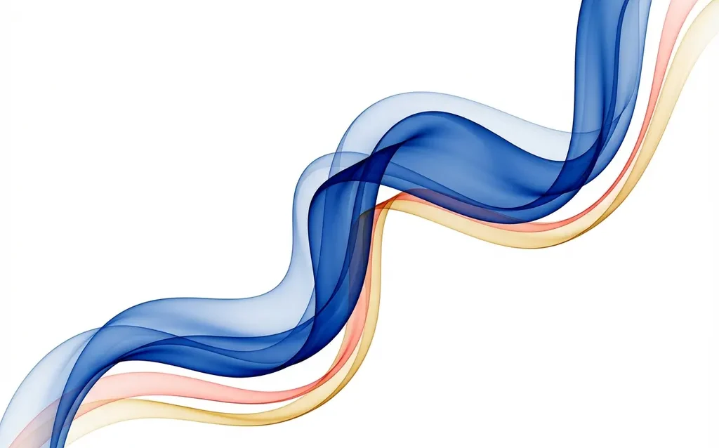 Flowing sapphire blue ribbon with coral and gold accents curves through white space in elegant abstract digital artwork