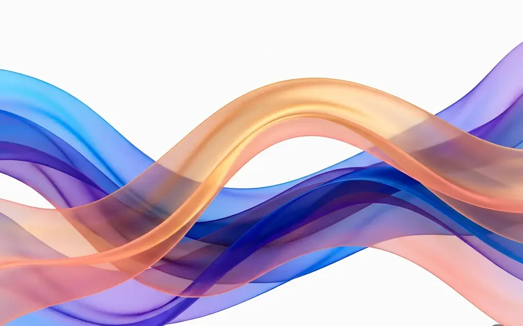Translucent ribbons in electric blue, violet, and coral flow in overlapping organic waves across a white background, with one amber-lit silk-like curve catching warm light.