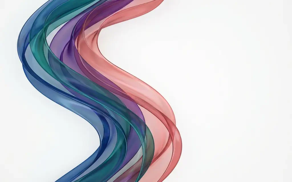 Flowing translucent ribbons in blue, teal, purple, and coral creating elegant curves on white background