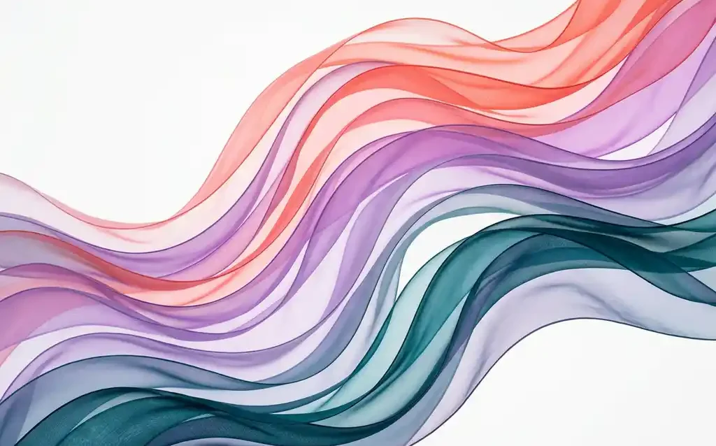 Abstract layered ribbons in teal, violet, and coral curving upward in smooth waves, suggesting growth and upward momentum.