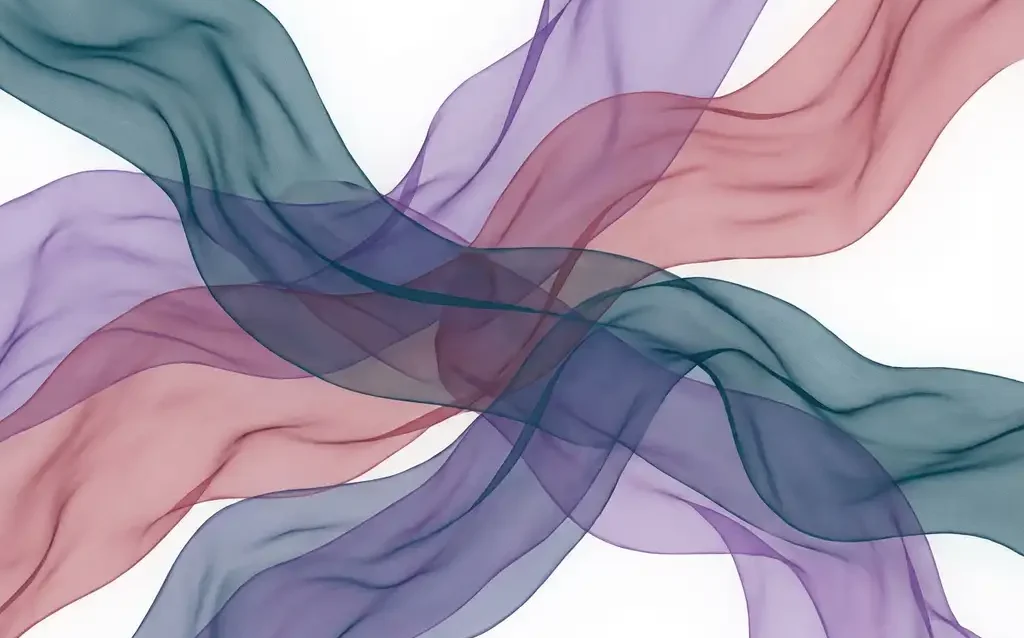 Translucent teal, violet, and rose ribbons flowing in overlapping organic waves against a white background, creating layered depth and fluid motion.