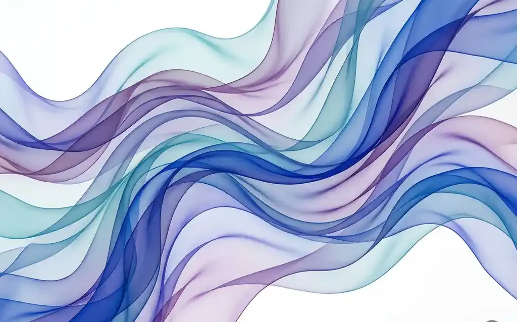 Abstract flowing ribbons of translucent silk in layered blues, teals, and lavender curves over a clean white background.