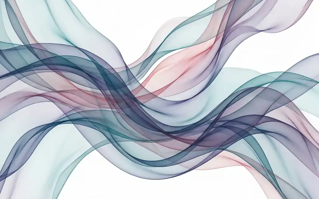 Translucent silk ribbons in teal, indigo, violet, and rose curl in layered waves against a white background, creating luminous depth.