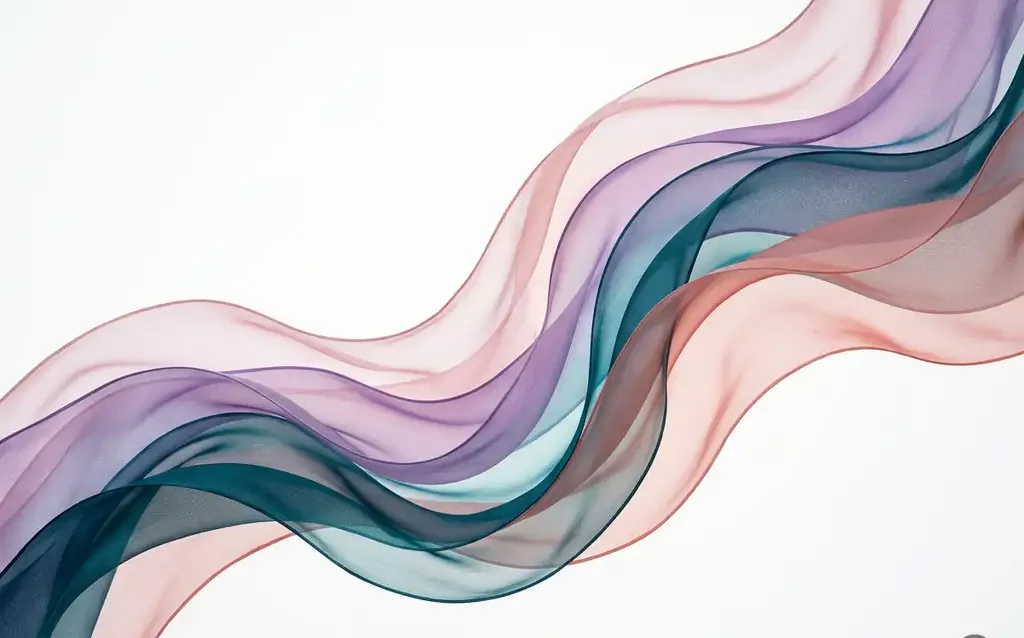 Translucent silk ribbons in teal, violet, and blush flowing in overlapping organic waves against a white background, creating luminous depth.