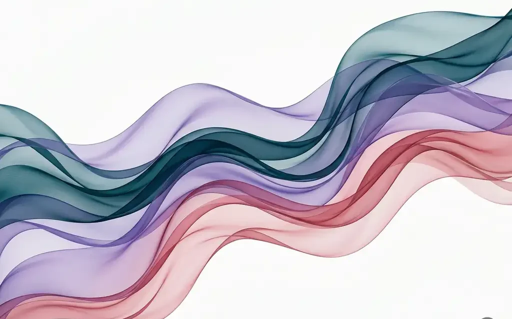 Translucent silk ribbons in teal, violet, and rose flowing in overlapping waves against a white background, creating luminous depth.
