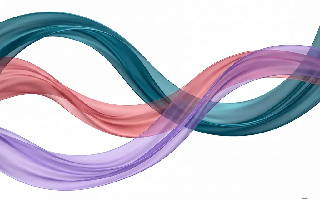 Three translucent silk ribbons in teal, violet, and rose-pink flowing in overlapping arcs across a white background.