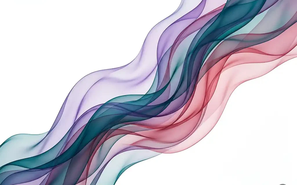Translucent silk ribbons in teal, violet, and rose flowing in overlapping waves against a white background, creating luminous layered depth.