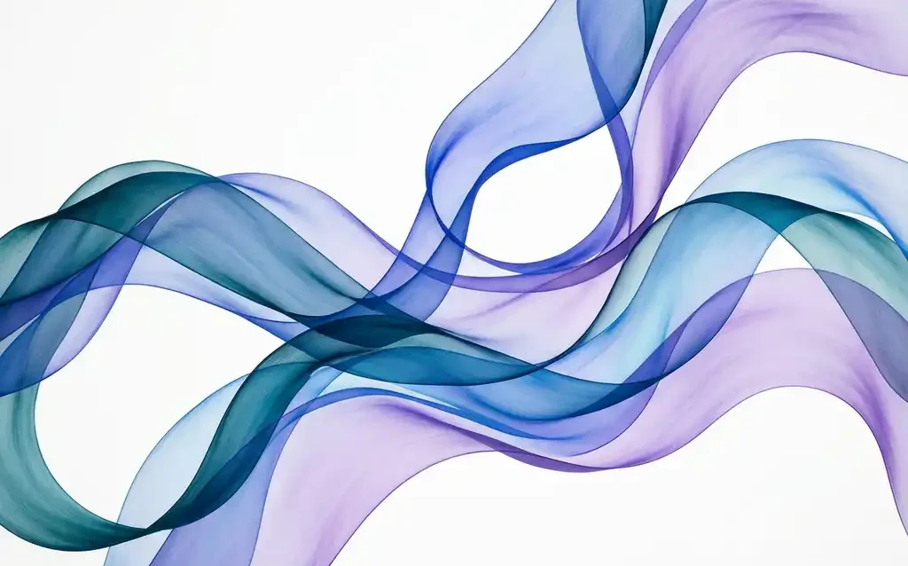 Translucent teal, electric blue, and violet ribbons flowing in silk-like waves across a white background with luminous gradient depth.