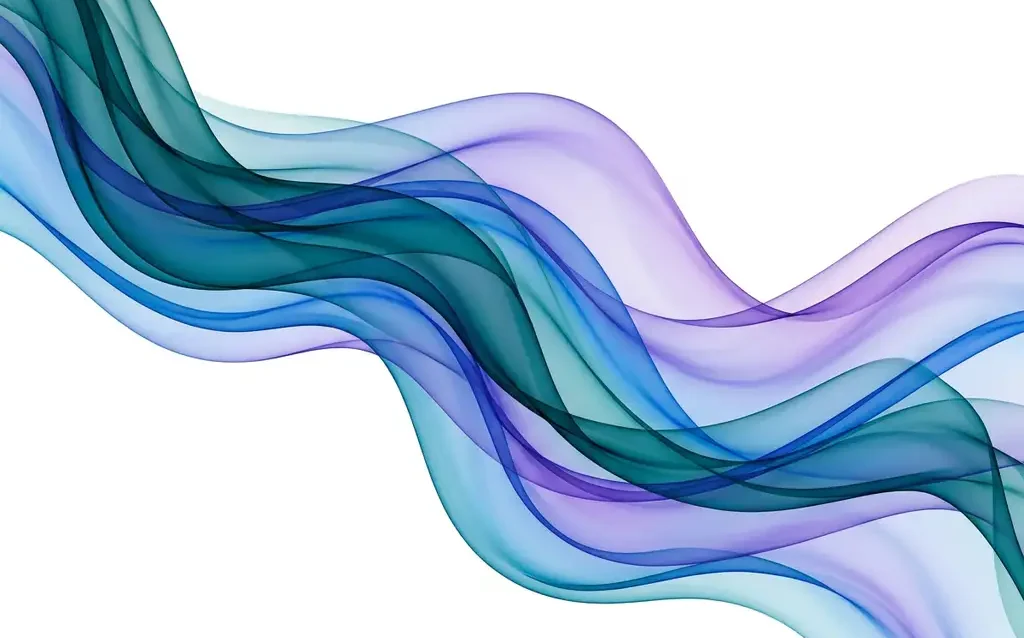 Translucent teal, electric blue, and violet ribbons flowing in smooth organic waves across a white background, with overlapping layers creating luminous depth.
