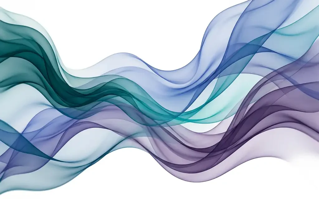 Translucent teal, cobalt blue, and violet silk-like ribbons flowing in layered organic waves against white negative space.