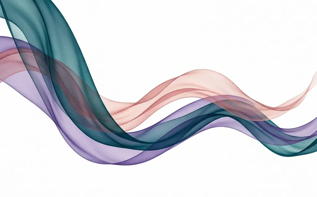 Translucent teal, violet, and blush ribbons flowing in smooth overlapping waves against a white background, creating luminous layered depth.