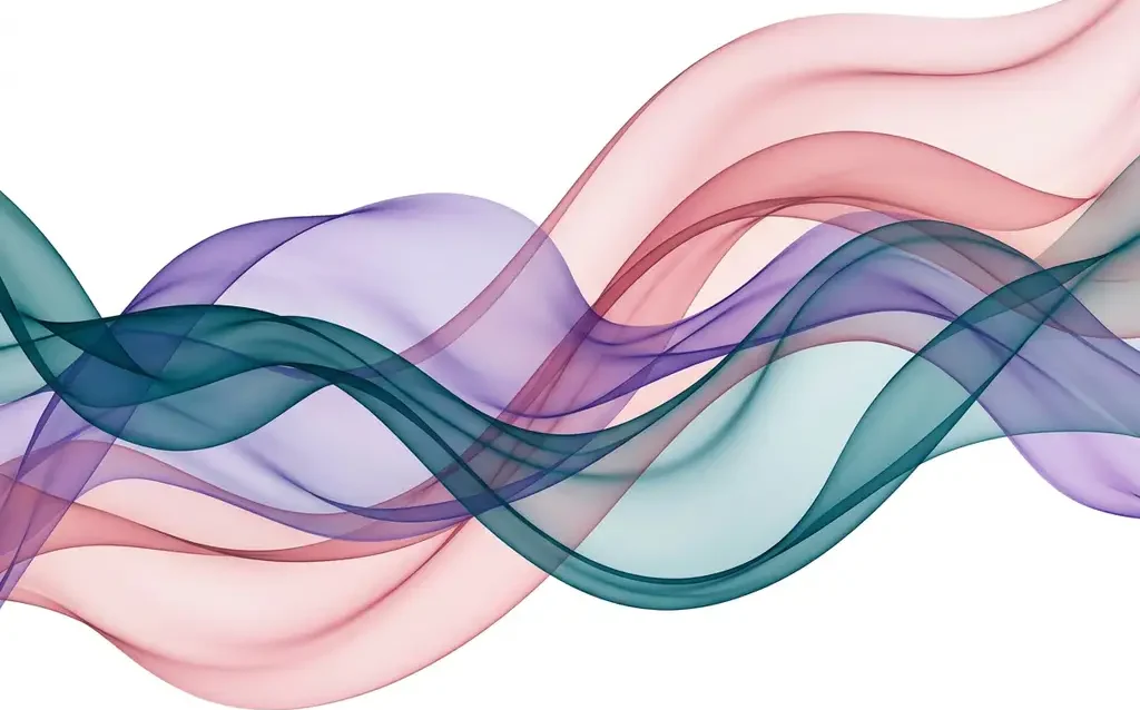 Translucent teal, violet, and blush ribbon waves overlapping on white canvas, creating luminous depth through smooth gradient layers.