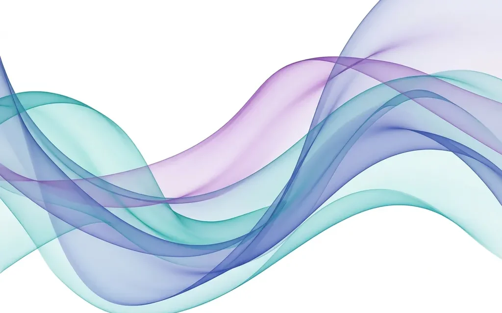 Translucent teal, violet, and cobalt ribbons flowing in smooth organic curves across a white canvas, overlapping to create luminous layered depth.
