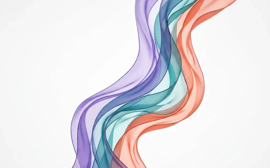 Translucent teal, violet, and coral ribbon waves flowing upward on a white background, overlapping to create luminous layered depth.