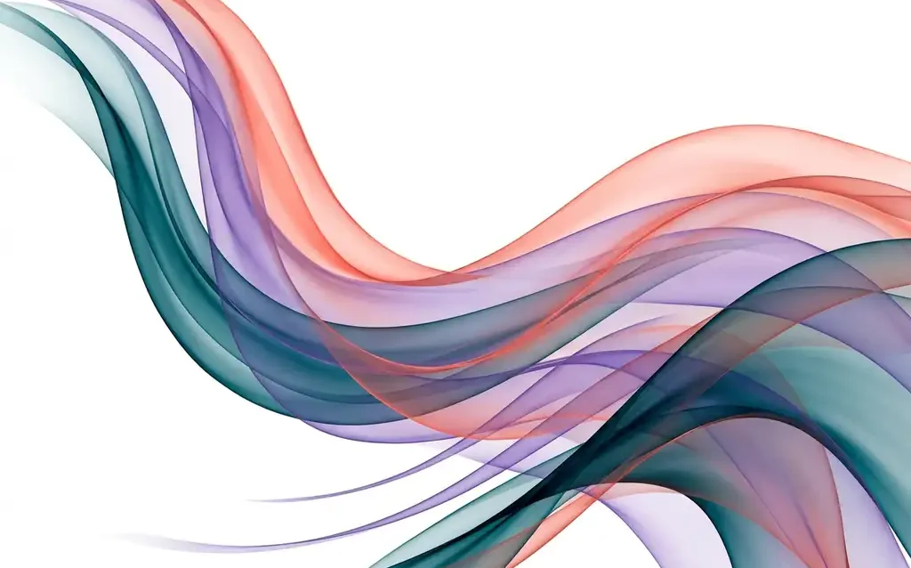 Translucent teal, violet, and coral ribbons flowing in layered organic waves against a white background, creating luminous depth through overlapping transparency.