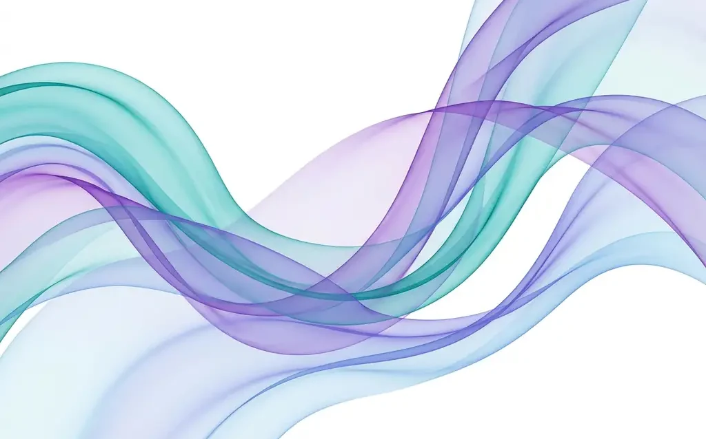 Translucent teal, violet, and pale blue ribbons flowing in smooth organic waves against a white background, overlapping to create luminous depth.