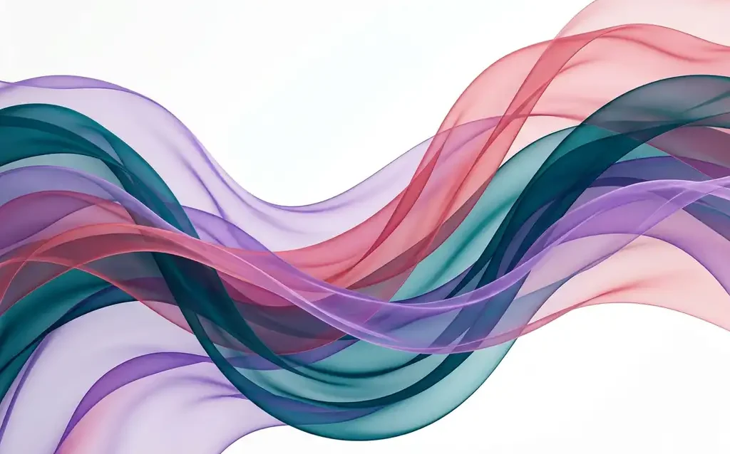 Translucent ribbons in teal, violet, and rose flowing in smooth overlapping waves against a white background, creating luminous layered depth.