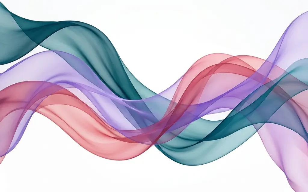 Translucent teal, violet, and rose ribbon waves overlapping in fluid curves against a white background, creating luminous depth through layered transparency.