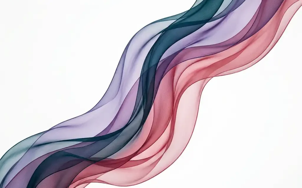 Translucent teal, violet, and rose ribbons flowing in layered organic waves across a white background, creating luminous depth through overlapping curves.
