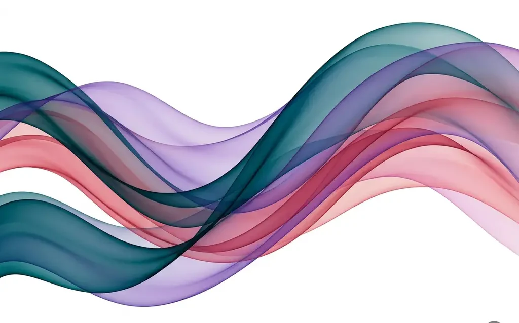 Translucent ribbons of teal, violet, and rose flowing in smooth overlapping curves against a white background, creating luminous layered depth.