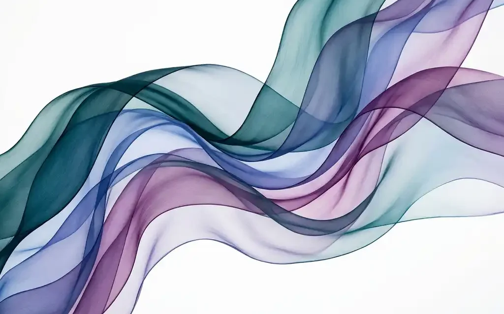 Translucent teal, cobalt, and violet silk-like ribbons flowing in overlapping organic waves against a white background.
