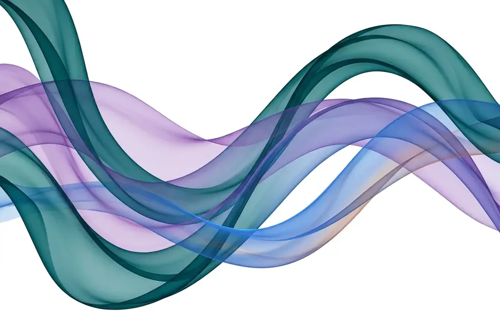 Translucent teal, violet, and blue ribbons flowing in smooth organic waves across a white canvas, creating luminous layered depth.