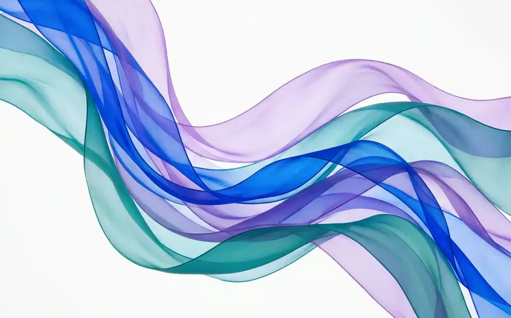 Translucent ribbons of electric blue, violet, and teal flowing in smooth overlapping waves against white space.