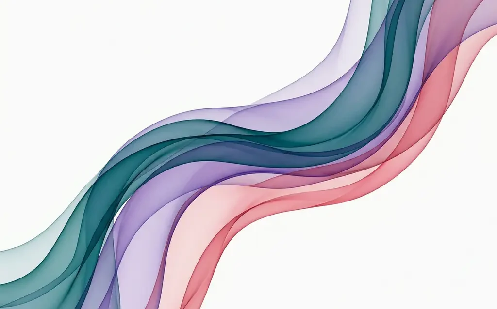 Translucent teal, violet, and rose ribbons flowing in organic waves across a white background, overlapping with silk-like depth and upward curvature.