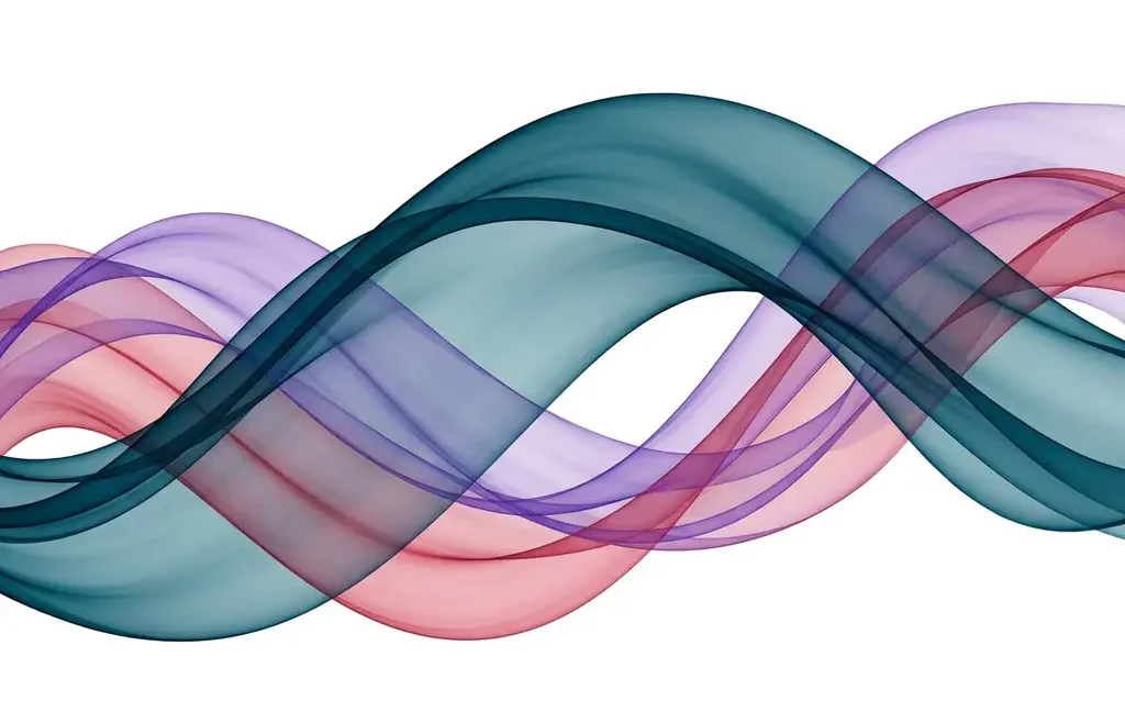 Translucent ribbons in teal, violet, and rose flowing in smooth overlapping waves against a white background, creating luminous layered depth.
