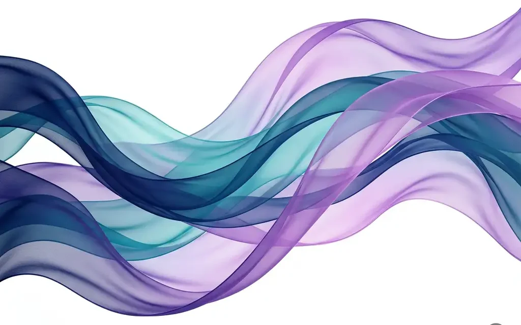 Translucent ribbons of navy blue, teal, and violet flowing in smooth overlapping waves against a white background, creating luminous depth.