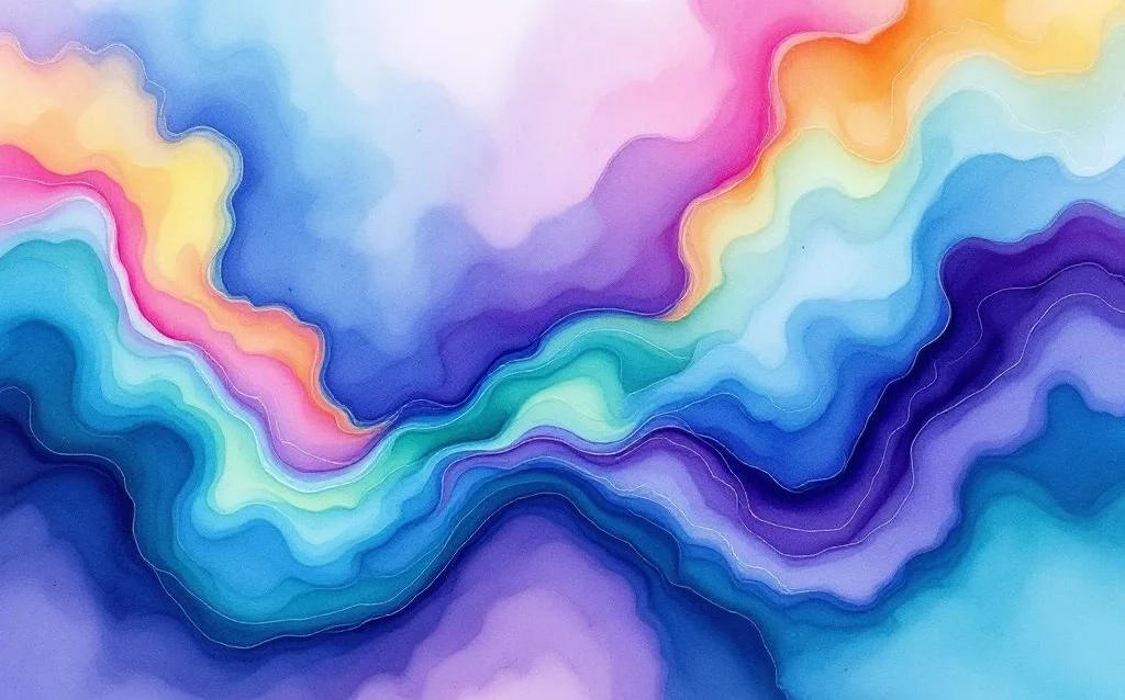 Abstraktes Aquarell mit fließenden Blau-Grün-Verläufen und warmen Orangetönen, symbolisiert KI-Technologie und Kreativität