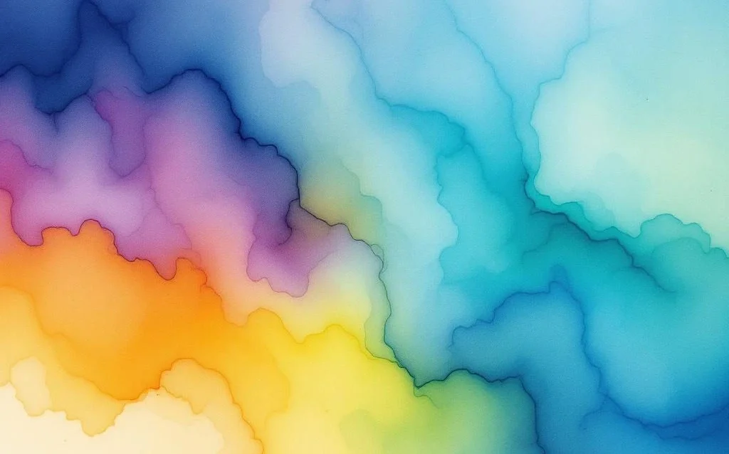 Abstraktes Aquarell mit fließenden Farbverläufen in Tech-Blau, KI-Lila und Grün für digitale Transformation