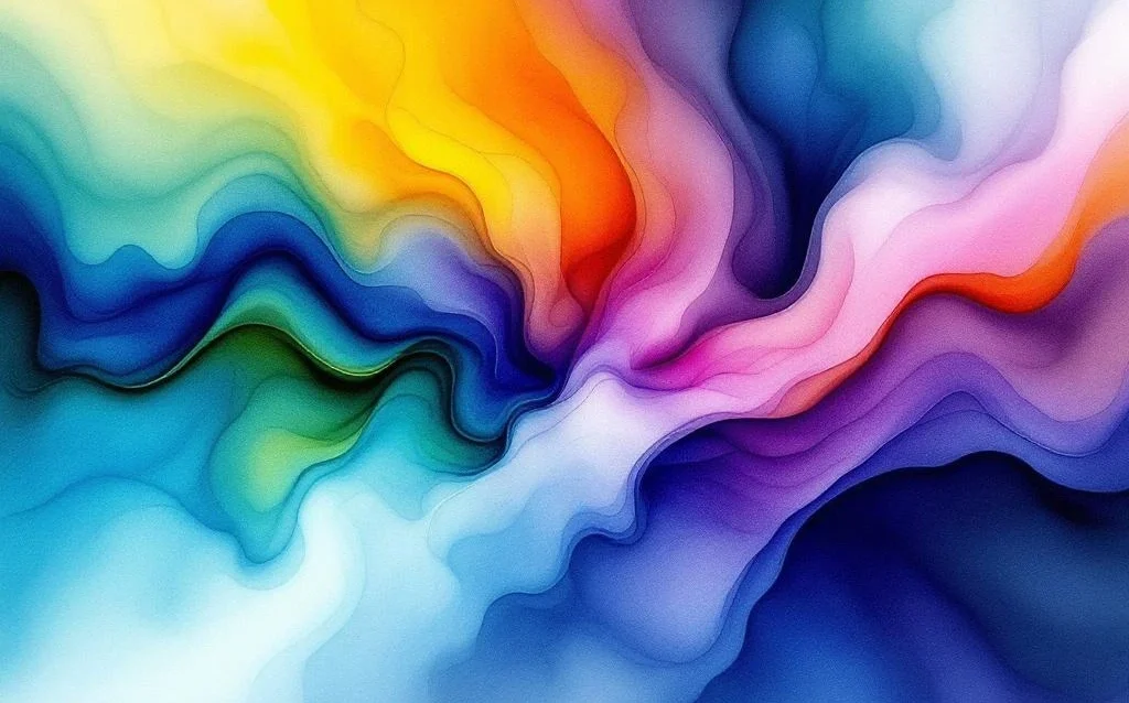 Abstraktes Aquarellgemälde mit fließenden Farbverläufen in Blau, Gold und Lila symbolisiert KI-Technologie und Einkommen
