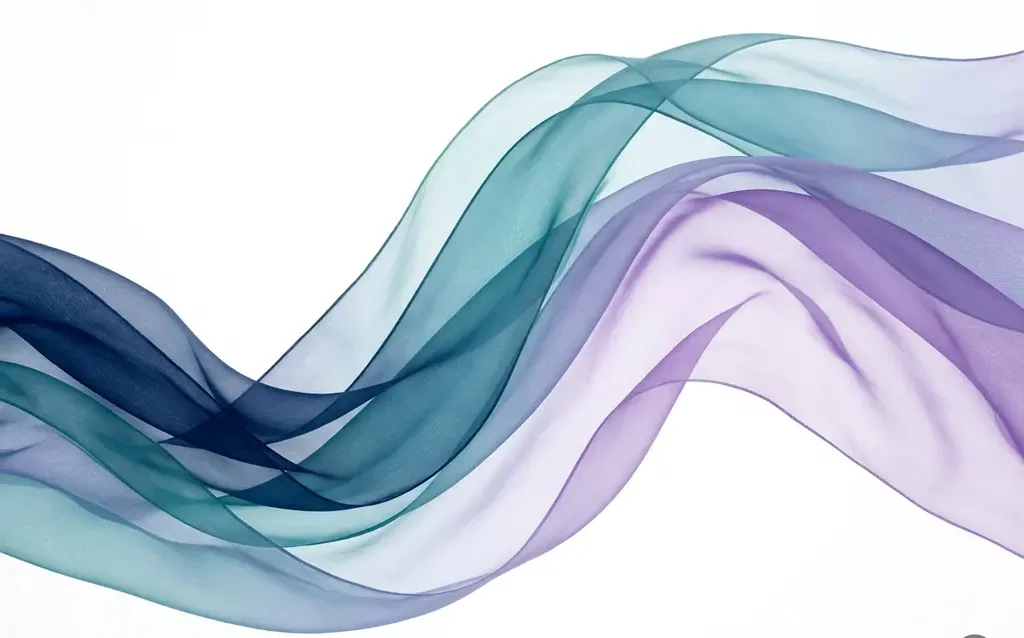 Translucent navy, teal, and violet ribbon waves flowing across a white background with soft overlapping curves and luminous depth.