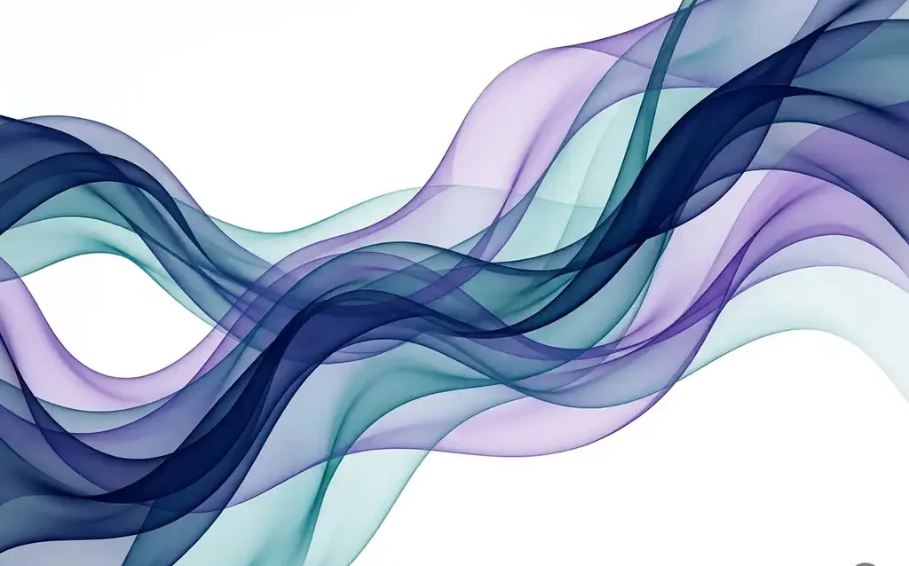 Translucent navy, teal, and violet ribbon waves overlapping in smooth organic curves against a white background, creating layered depth.