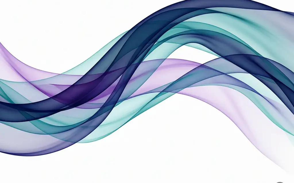 Translucent navy, teal, and violet ribbon waves flowing in smooth overlapping arcs against a white background, creating luminous layered depth.