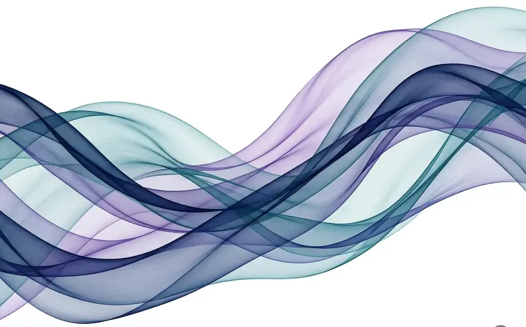 Translucent navy, teal, and violet ribbons flowing in smooth overlapping waves against a white background, evoking regulatory precision and structured order.