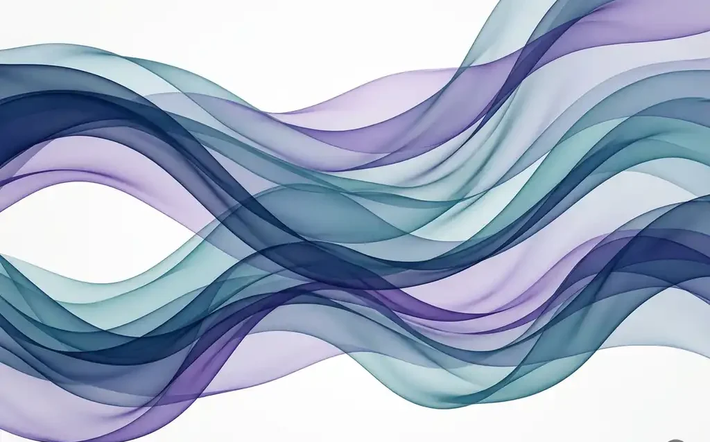 Translucent navy blue, teal, and violet ribbon waves overlapping in smooth organic curves against a white background, creating layered depth.