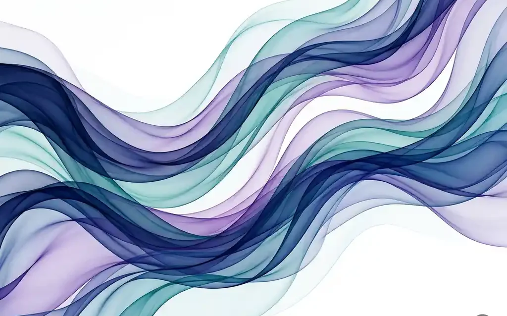 Navy blue, teal, and violet translucent silk ribbons flowing in layered organic waves against a white background with luminous depth.