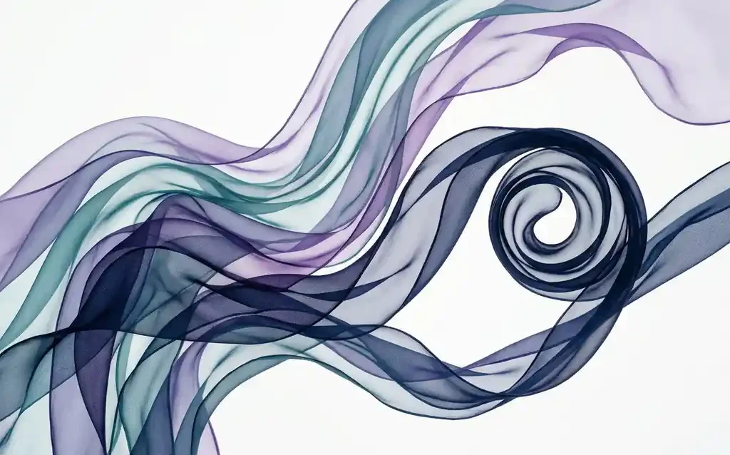 Translucent navy, teal, and violet silk ribbons flowing in overlapping curves on white, one coiling inward to suggest depth and entrapment.