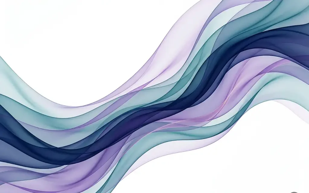Abstract flowing ribbons in navy blue, teal, and violet with lavender accents layered over a white background.
