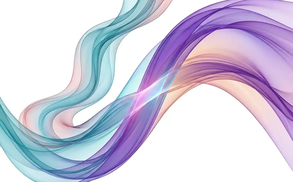 Two translucent teal and violet ribbon forms flowing in parallel, overlapping at a luminous intersection point against a white background.