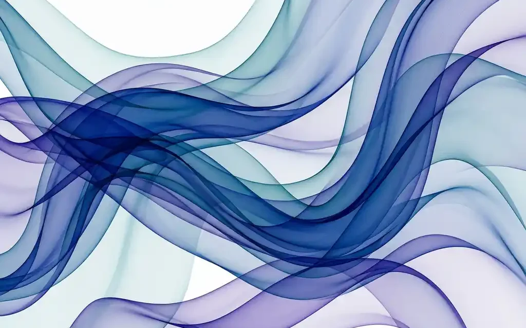Layered translucent ribbons in sapphire blue, teal, and violet flowing in smooth organic waves against white negative space.