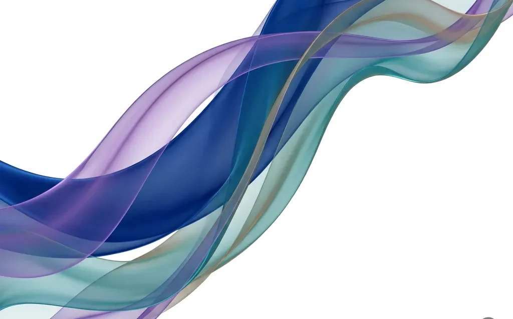 Flowing translucent ribbons in sapphire blue, violet, and teal curl in smooth organic waves against a white background.