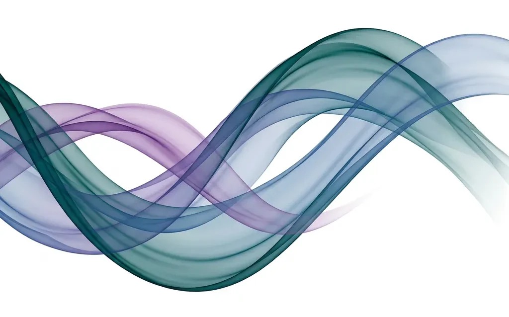 Fließende Seidenbänder in Petrol, Violett und Blau mit transparenter Glasoptik auf weißem Hintergrund.