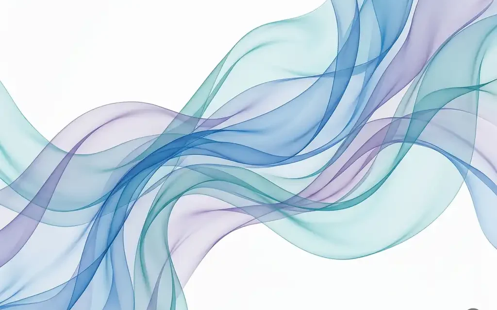 Translucent silk ribbons in blue, teal, and lavender curl in flowing waves against a white background, creating luminous layered depth.