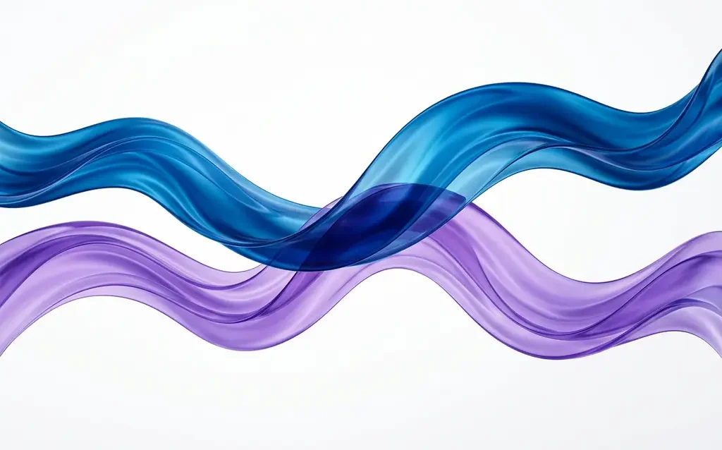 Two luminous silk ribbons in deep ocean blue and soft violet-purple flow and intersect on a white canvas, creating translucent layered depth.