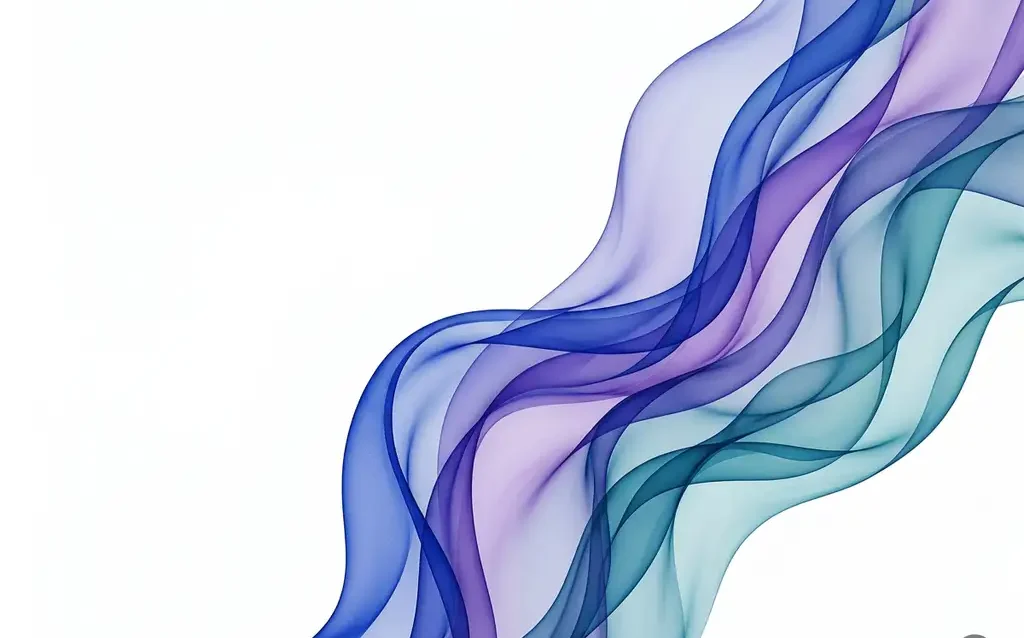 Translucent silk ribbons in cobalt blue, violet, and teal flowing in layered organic waves against a white background with luminous depth.